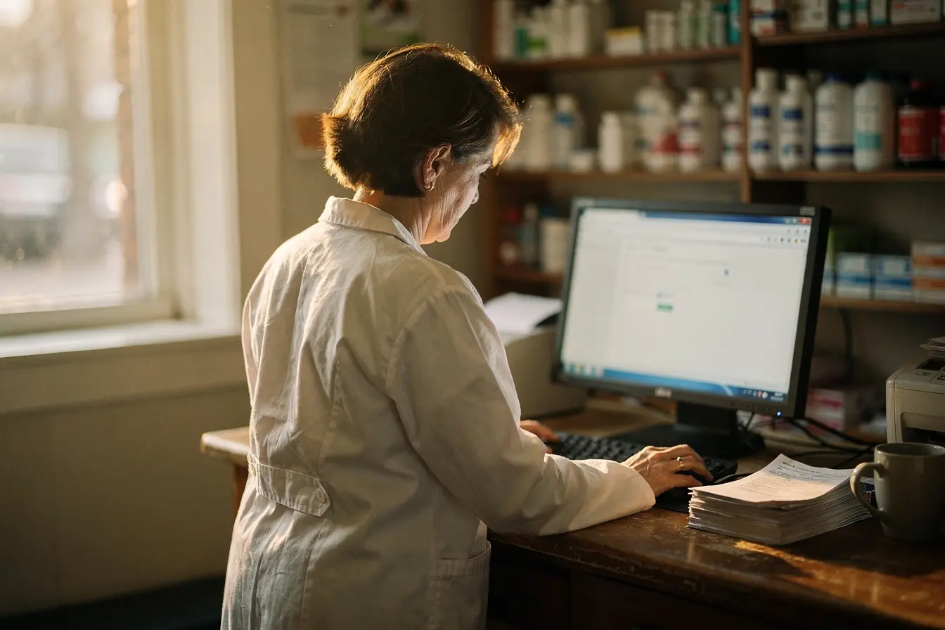 A clinician sending a fax from the browser at the front counter in warm morning light
